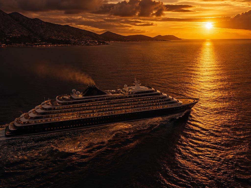 Luxury cruise ship at golden hour on dark seas