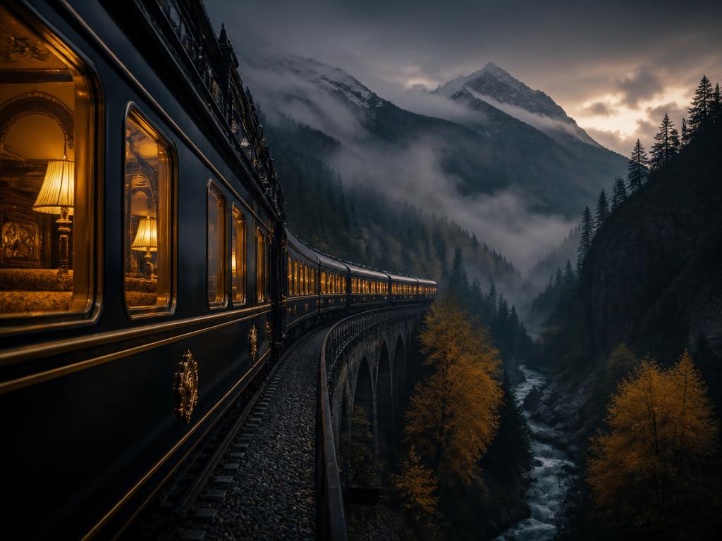 Elegant train with golden lit windows crossing a mountain viaduct at dusk