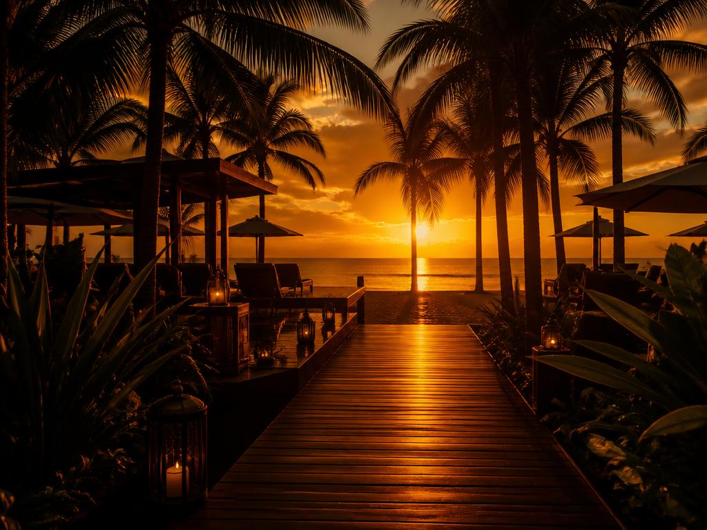 Boardwalk leading to a golden sunset beach lined with palm trees